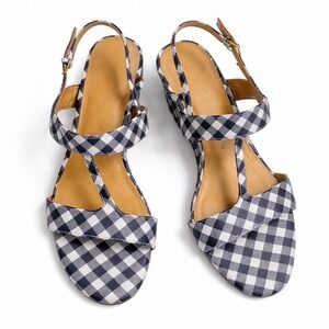 Talbots Gingham Wedge Sandals 7.5 Navy Blue White Check Strappy Slingback Heels
